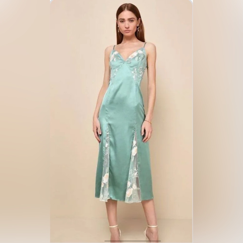 Lulu's Sage and White Floral Lace Satin Midi Dress